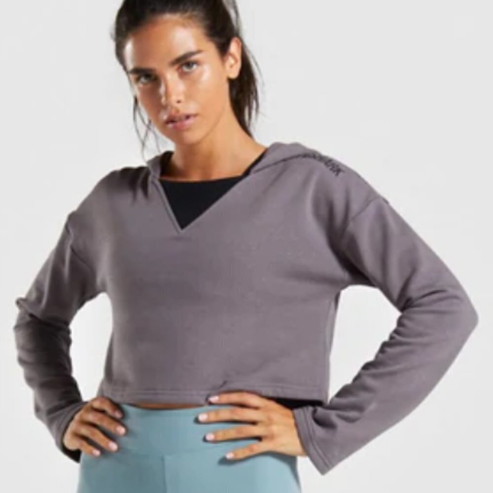 Gymshark Solo Cropped Hoodie Slate Lavender Athleisure Sweatshirt Sz S - Picture 2 of 13